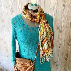 Vintage Aztec Print Scarf with Fringe